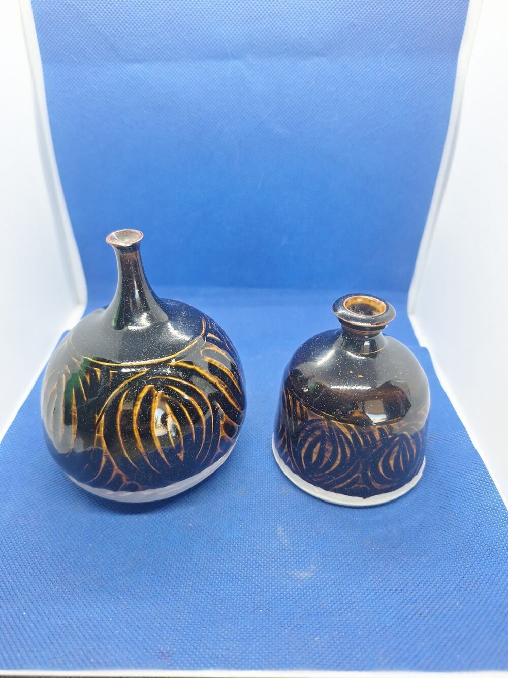 Allen Graef Studio Pottery Vase Pair Brown Glaze Hand Thrown Signed Set - Nice!